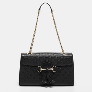 GUCCI Black ssima Leather Medium Emily Shoulder Bag